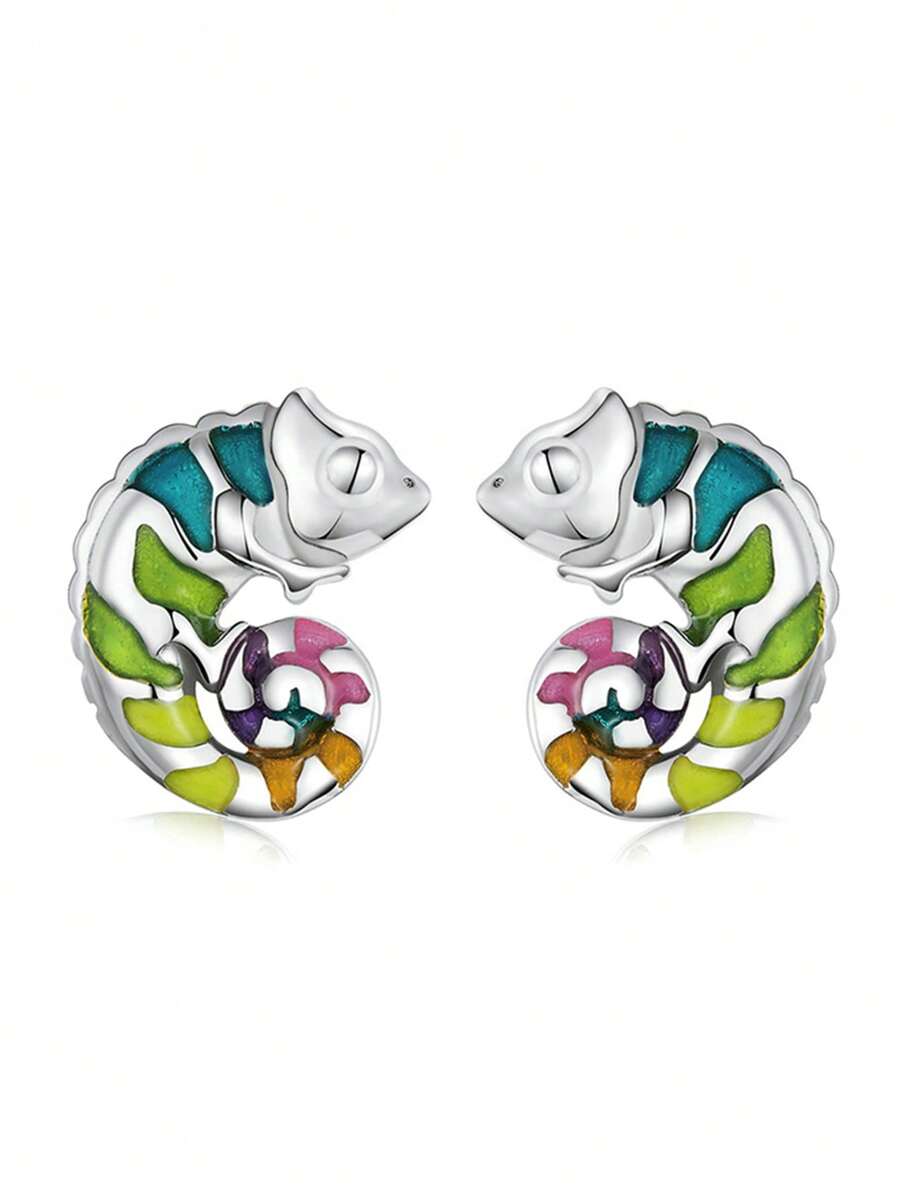 1 Coppia Di Orecchini A Perno Argento Con Camaleonti Carini, Orecchini Semplici E Di Moda Ipoallergenici Per Uso Quotidiano, Regalo Di Compleanno Per Le Donne