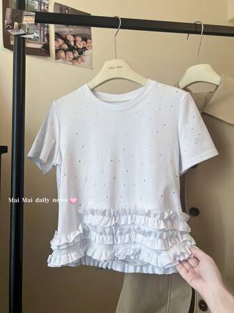 女式闪亮花卉装饰简约短袖 T 恤上衣，休闲春夏装