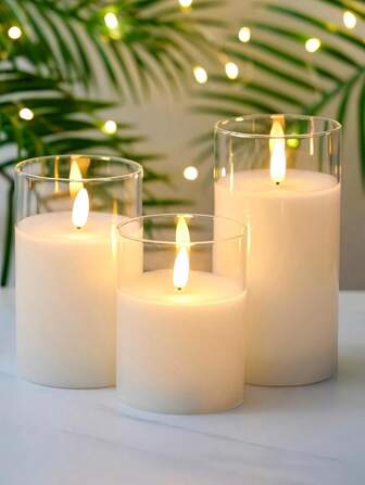 Set de 3 velas acrílicas blancas puras inalámbricas con control remoto y temporizador, velas LED parpadeantes para decoración de festivales, bodas y fiestas