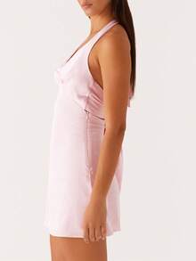 Women Y2k Halter Back Tie Up Bow Formal Mini Dress Cute Floral Backless Silk Satin Beach Vacation Short Dresses Summer Club Party Night Sundress - 粉色 - 查看 4