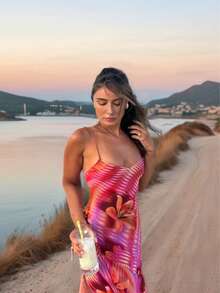 Plus Size Women Floral Print Backless Wrap Front Beach Holiday Midi Dress - Multicolor - View 4