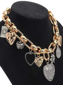 1pc Metal Heart & Butterfly Multiple Pendant Thick Chain Necklace, Goth Style Suitable For Women Everyday Wear - Multicolor - View 6