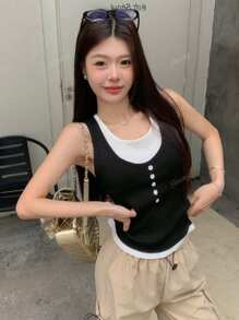 Contrast Color 2 In 1 Camisole Vest Women, Casual Versatile Sleeveless Knit Top For Summer