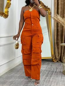纯色口袋设计时尚连体裤 - 橘色 - 查看 3