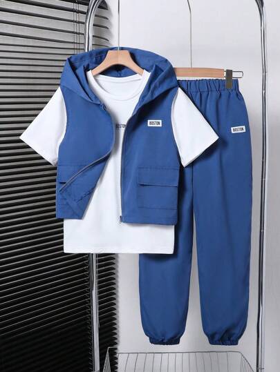 3pcs Tween Boys Casual Fashion Outfit Set: Olive Green Hooded Vest, White T-Shirt, Olive Green Sweatpants. Suitable For Sports, Outdoor Activities, Photography, School, Summer. Stylish And 3 PiecesSuit