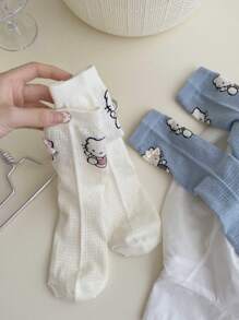 Sanrio 1Pair Sanrio Hello Kitty Women's Mid-Crew Socks | Mesh Cotton Summer Design With 3D Bow Accents (Grey/Blue/Cream), Breathable & Lightweight For Casual Wear, Kawaii Christmas Gift