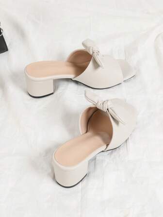 Sandalias de tacón alto de piel sintética de color albaricoque para mujer, con tacón grueso, slip-on, elegantes con moño, para uso casual y vacaciones