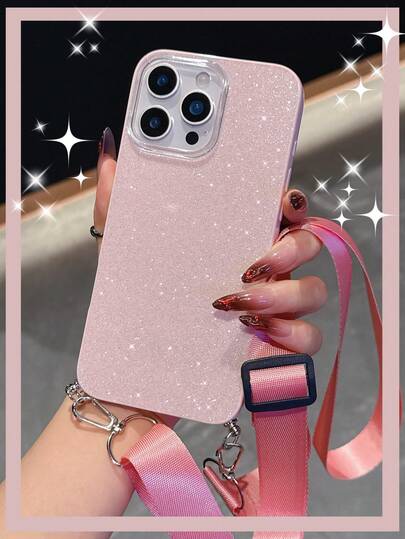亮片闪亮简约纯色手机壳，带挂绳，适用于