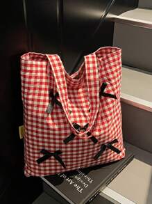 Large Capacity Plaid Bow Decor Handbag & Shoulder Bag For Women, Students School Tote Bag, Commute & Travel Diaper Bag