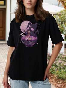 Camiseta de Ramen con Gato Kawaii para Mujeres y Adolescentes | Camiseta Estética Gótica Pastel | Estampado Gráfico de Estilo Anime Manga Japonés | Camiseta Negra de Manga Corta con Corte Relajado