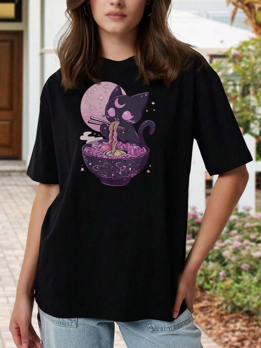 Camiseta de Ramen con Gato Kawaii para Mujeres y Adolescentes | Camiseta Estética Gótica Pastel | Estampado Gráfico de Estilo Anime Manga Japonés | Camiseta Negra de Manga Corta con Corte Relajado