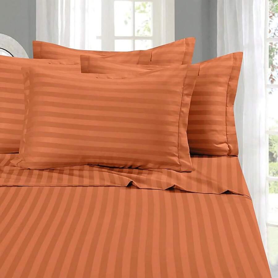 Elegant Comfort, Softest, Coziest 6-Piece Sheet Sets! 1500 Hotel Quality Luxurious Wrinkle Resistant Damask Stripe Bed Sheet Set, Black - Bedding 2025 - 珊瑚 - 查看 1