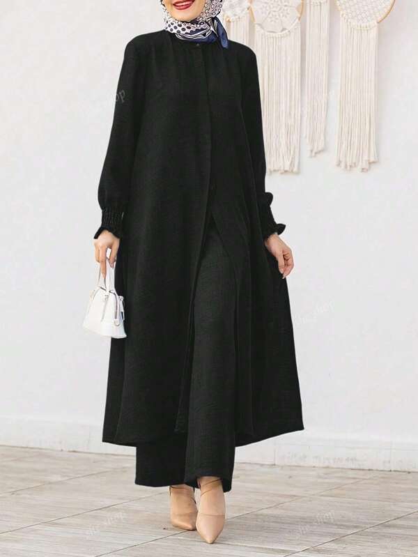 2pcs Set: Elegant Solid Color Casual Round Neck Cardigan Top And Elastic Waist Pants Suit, Versatile For Garden Party, Commute, Work - Spring, Summer, Autumn