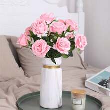 Nejlue Artificial Flowers/Plants1111 Home & Living 5支仿真粉色玫瑰花，粉色玫瑰花束，丝绸长茎玫瑰，新娘花束，情人节花束，适用于家居装饰、房间装饰、花园装饰、墙面装饰、室内外装饰、卧室装饰、婚礼装饰、餐桌装饰、圣诞节装饰、派对装饰、生日装饰、秋季装饰 - 粉色 - 查看 4