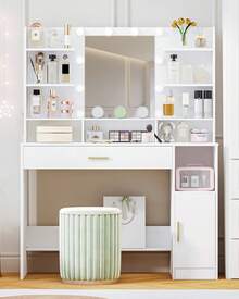HaluPeit Dressing Table, Large Tabletop With Mirror, LED Light With Adjustable Brightness, Organiser Drawers And Storage Cabinets, Open Shelves, For Bedroom, Cloakroom, White - White - View 2
