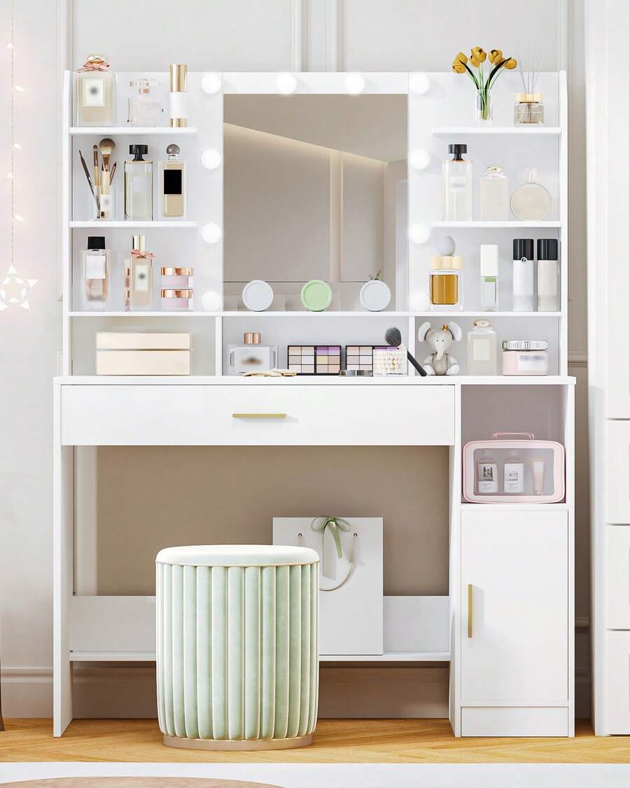 HaluPeit Dressing Table, Large Tabletop With Mirror, LED Light With Adjustable Brightness, Organiser Drawers And Storage Cabinets, Open Shelves, For Bedroom, Cloakroom, White