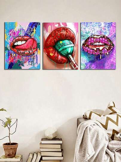3pcs Stylish Sexy Lips Wall Arts, Modern Canvas Wall Art , Colorful Backdrop Decorative Artwork, Home Decor Posters, Best Choice For Living Room Bedroom Decoration