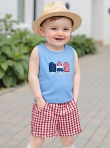Kid Boy 4th Of July Outfit Popsicle Embroidery Round Neck Tank Tops+ Plaid Shorts 2Pcs Outfit