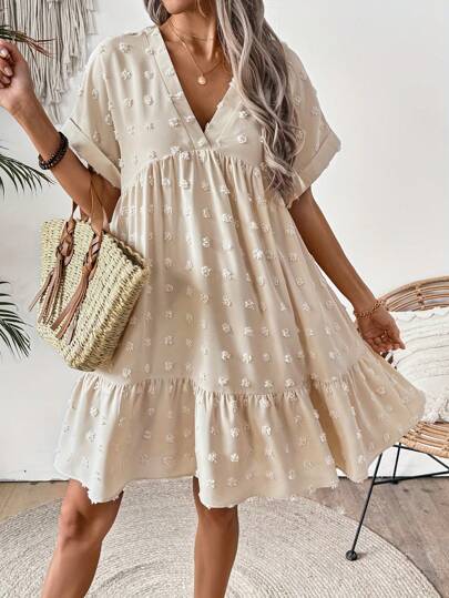 Vestido elegante de manga corta con cuello en V para mujer Eryu - Ajustado de unicolor, lavable a máquina, versátil para uso casual a formal, vestimenta casual de verano | Vestido con botones frontales | Encanto femenino