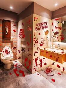 84 件（9 张）- 万圣节装饰、84 件万圣节窗贴、9 张血手印脚印万圣节墙贴地板贴、恐怖万圣节装饰窗贴、万圣节血印静电浴室玻璃窗贴 - 紅色 - 查看 1