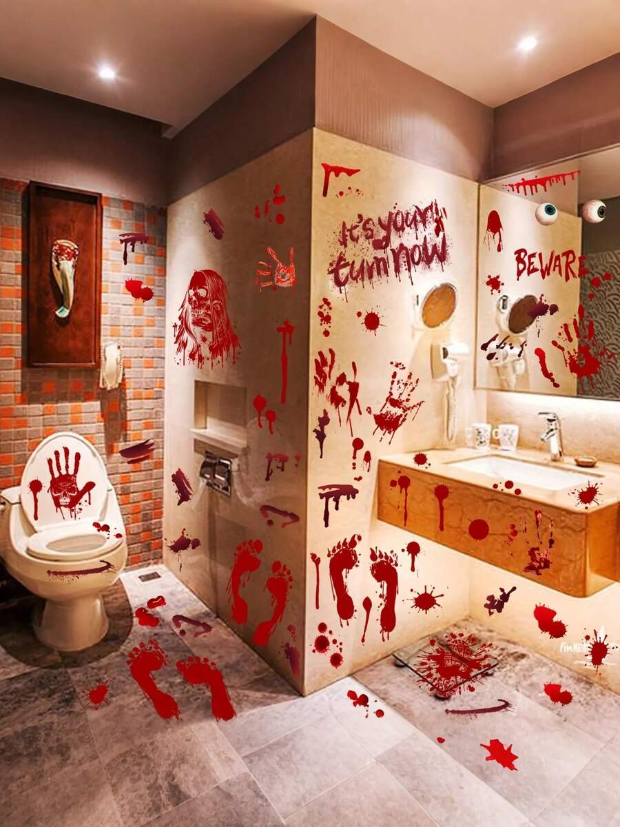 84 件（9 张）- 万圣节装饰、84 件万圣节窗贴、9 张血手印脚印万圣节墙贴地板贴、恐怖万圣节装饰窗贴、万圣节血印静电浴室玻璃窗贴 - 紅色 - 查看 1
