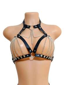 Gothic Style Women's Tasseled Chain Bondage Double Buckle Waist Cincher Belt Set, Faux Leather Roleplay Accessories, Rave - Black - View 8