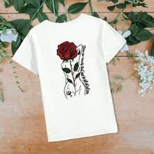 Camiseta Para Mujer Con Estampado En La Espalda De Hermosa Rosa Y Silueta De Mujer Y Pequeña Rosa Al Frente, Camiseta Con Doble Estampado De Cuello Redondo Y Manga Corta, Playera Casual Unisex Para Primavera Verano, Ropa De Mujer, Ropa de Hombre - Blanco - Ver 1