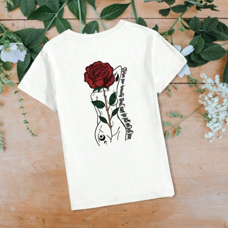 Camiseta Para Mujer Con Estampado En La Espalda De Hermosa Rosa Y Silueta De Mujer Y Pequeña Rosa Al Frente, Camiseta Con Doble Estampado De Cuello Redondo Y Manga Corta, Playera Casual Unisex Para Primavera Verano, Ropa De Mujer, Ropa de Hombre - Blanco - Ver 1