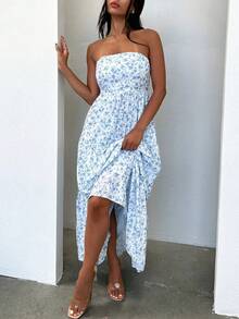Women Floral Print Maxi Tube Dress Strapless Flowy Long Bandeau Dress Y2K Open Back Sundress Summer Beachwear - Màu xanh lam - Xem 3