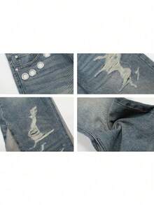 American Retro Double Waist Jeans Cut Design Niche Old Loose Straight Men's And Women's High Street Fashion Cost Performance - Blue - View 5