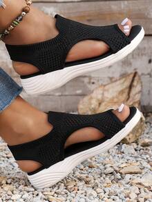 Plus Size Women Casual Sports Sandals, Lightweight Slip-On Comfortable Fashion Sandals, Simple Net Fabric Versatile Wedge Heel Non-Slip Breathable Elastic Thick Sole Summer Open Toe Contrast Color Vacation Wide Fit - Black - View 4