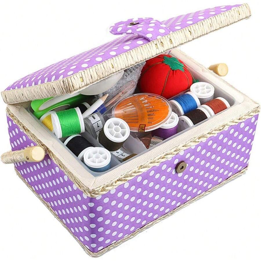 Local Delivery-Large Wooden Sewing Box With Accessories Sewing Storage And Organizer With Complete Sewing Kit Tools, White Purple Sewing Basket With Removable Tray And Tomato Pincushion For Sewing Mending - Purple Dot - View 1