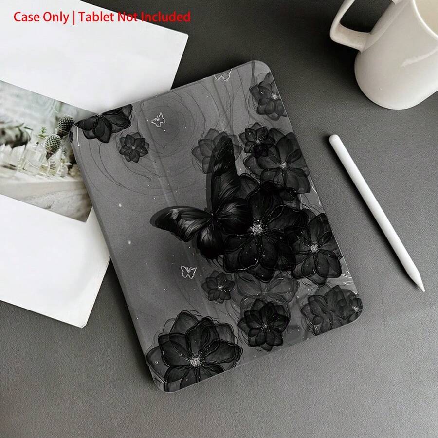 Ốp bảo vệ màu đen họa tiết hoa và bướm - Được thiết kế dành cho người dùng theo đuổi thẩm mỹ thanh lịch, có khe cắm bút, tương thích với iPad 10.9/10.2/Air thế hệ thứ 5/Pro 11/thế hệ thứ 10/9.7/Air 2/iPad (thế hệ thứ 7)/iPad (thế hệ thứ 8)/iPad Air 4/5/iPad Pro 11/iPad thế hệ thứ 10 10.9 inch (mẫu 2022)/iPad Air 13 (mẫu M3 2025)/iPad Air 11 (mẫu M3 2025)/iPad Air 11 (mẫu A16 2025), tích hợp chức năng tự động ngủ/thức, một phụ kiện máy tính bảng thời trang. - màu đen - Xem 1