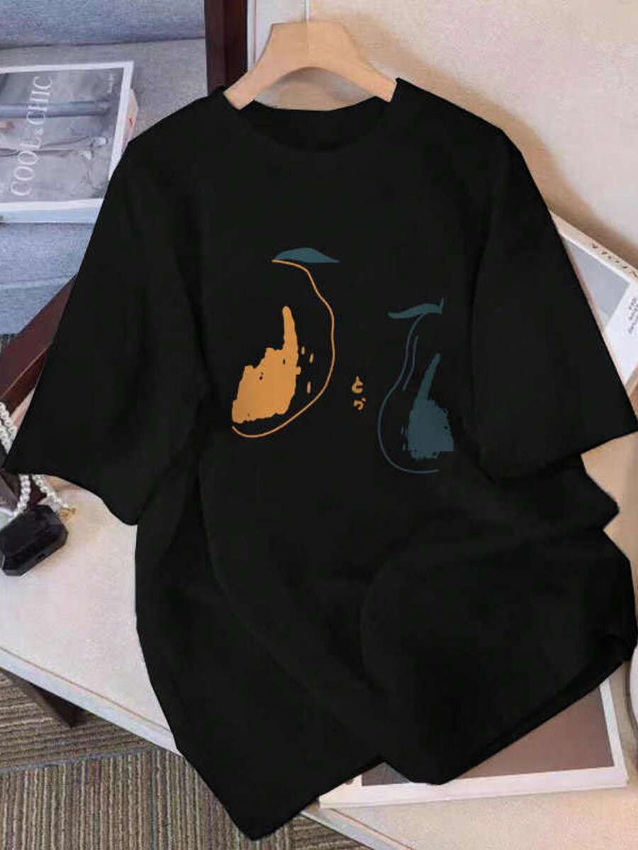 200g Pure Cotton T-Shirt 2025 Summer Ladies New Short Sleeve Pure Cotton Holiday Pattern Short Sleeve Round Neck Couple Wear Small Shirt Tops - 黑色 - 查看 1