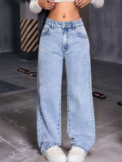 少女休闲百搭直筒宽松牛仔裤，带口袋