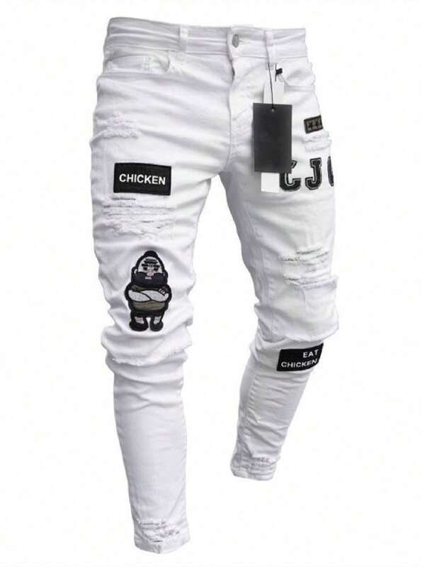 Jeans de mezclilla casual con parche de letra rasgado y bolsillo para hombre