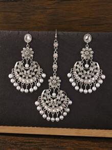 3PCS/Set Fashionable Rhinestone Inlay Forehead Chain,Luxurious Style Faux Pearl Pendant Earrings Jewelry Set Suitable For Women Daily Life, Banquets Wedding Wear