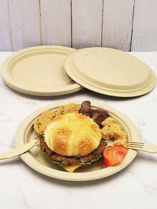 100% Bamboo Fiber 3-Compartment Disposable Plates, Available In 9"/7"/9", Sturdy And Durable, Microwave , Natural Unbleached Brown Color, PFAS-Free, Water And Oil Resistant Bamboo Fiber Disposable Plates - Beige - View 7