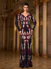 Missord Women's Elegant Sequin Long Sleeve V-Neck Cocktail Dress,Party Dress,Gown,Formal,Evening,Wedding Guest