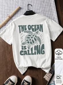 夏季女士宽松T恤，“海洋在召唤”&海龟印花，100%纯棉，白色短袖图案T恤，返校服装，校园穿搭灵感，返校必备单品，开学第一天穿搭，2026返校休闲穿搭 - 白色 - 查看 2
