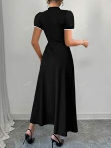 Summer Black & White Contrast Collar Puff Sleeve Cinching Waist Button Down Midi Elegant Office Fitted Dress For Women
