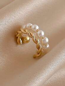 1 chiếc khuyên tai ngọc trai xoắn tròn đôi màu vàng Hàn Quốc mới, khuyên tai hình tròn hình học cổ điển, khuyên tai ngọc trai giả dạng kẹp - Vàng - Xem 4