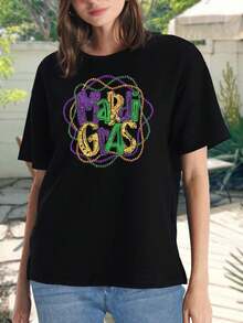 Camisetas de Mardi Gras para mujer, camisetas cortas y elegantes con diseño de cuentas festivas - Talla grande disponible - Negro - Ver 2