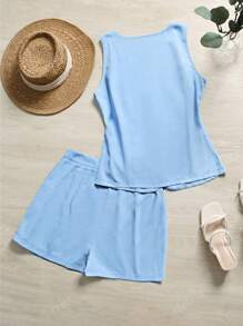 Set de 2 piezas de chaleco sin mangas y shorts de unicolor para mujer, de moda para el verano