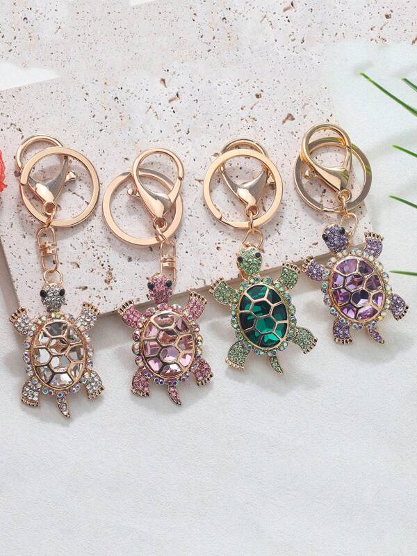 Cute Sea Turtle Keychain Lightweight Skeleton Design Full Colorful Rhinestone Inlaid Animal Turtles Charms Dangle Keyring Jewelry Metal Alloy Car Key Holder Handbag Backpack Ornament Accessories Gift For Friends