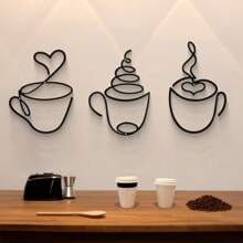 [Luxury Iron Art Wall Hanging Art] 1pc/3pcs Modern Black Metal Coffee Cup Wall Hanging Art, Graphic Pattern Sculpture, Cultural Theme Wall Hanging Decoration, Suitable For Living Room, Dining Room Background, Indoor Use - Luxury Iron Art Wall Hanging Art Room Decor Bedroom Decor Home Decor Wall Decor Kitchen Decor