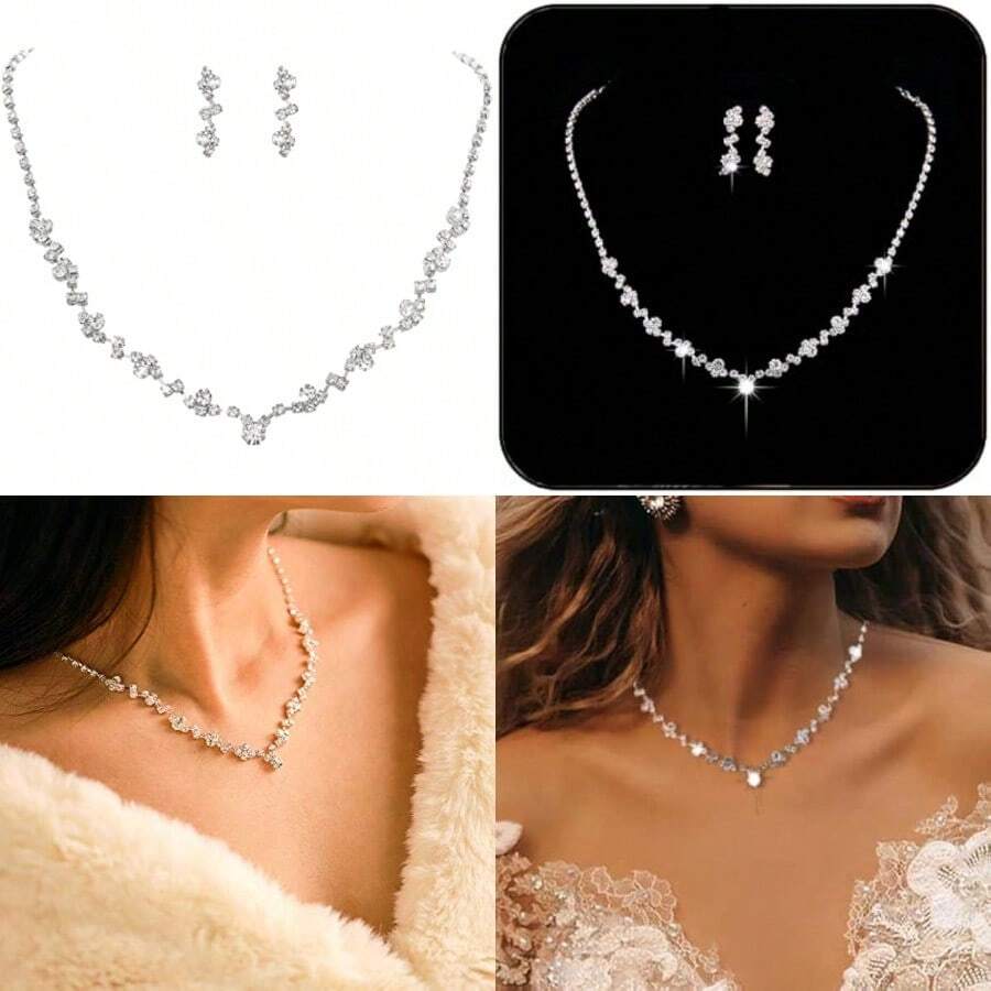 Wedding Silver Necklace And Earring Set Bridesmaid Jewelry Set Rhinestone Necklace For Women NK1431 - As Pic - View 1