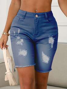 女士夏季纯色中腰破洞牛仔短裤 - 深色水洗藍 - 查看 2