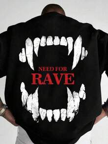 Playera Negra Hombre Estilo Urbano Gótico | "Need for Rave" | Poliéster Suave con Estampado de Colmillos Vampiro - Negro - Ver 1