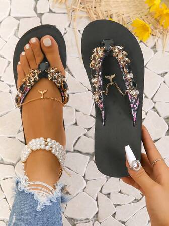 Women's Rhinestone Thong Sandals, Fashion Outdoor High Heel Slippers, New Anti-Slip Thick Bottom Beach/Holiday/Casual Wear Flip Flops